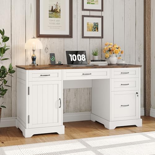 55'' Farmhouse Desk Home Office with Drawers, Executive Computer Desk Wooden with File Cabinet and Charging Station, White