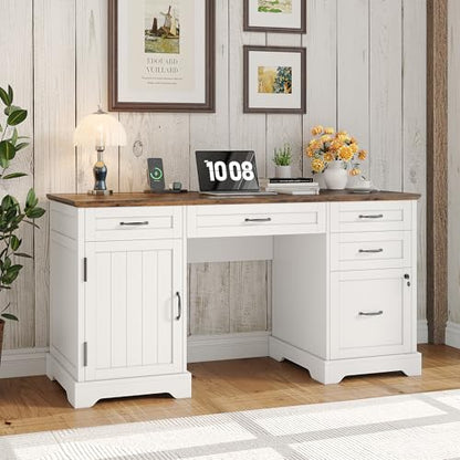 55'' Farmhouse Desk Home Office with Drawers, Executive Computer Desk Wooden with File Cabinet and Charging Station, White