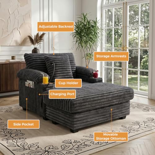 Chaise Lounge Chair with Adjustable Backrest, Storage Ottoman, view 5