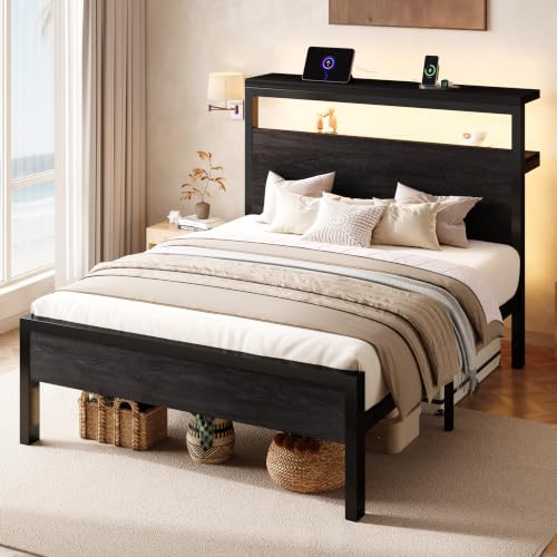 Twin Bed Frame, 2-Tier Storage Headboard, LED, Charging Station, view 4