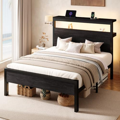 Twin Bed Frame, 2-Tier Storage Headboard, LED, Charging Station, view 4