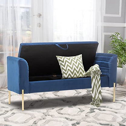 Storage Bench,Upholstered Storage Ottoman Bench,Modern Bed Bench Entryway Bench with Gold Legs for Bedroom Living Room Blue