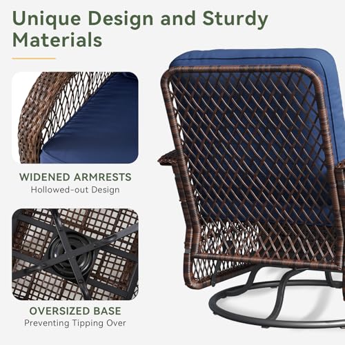 3 Pieces Patio Furniture Set, Patio Swivel Rocker Chairs Set of 2, Wicker Outdoor Bistro Set with Rocking Chair, Thickened Cushions and Table for Porch (Blue)