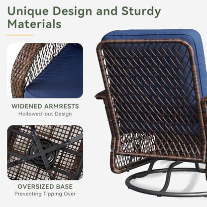3 Pieces Patio Furniture Set, Patio Swivel Rocker Chairs Set of 2, Wicker Outdoor Bistro Set with Rocking Chair, Thickened Cushions and Table for Porch (Blue)