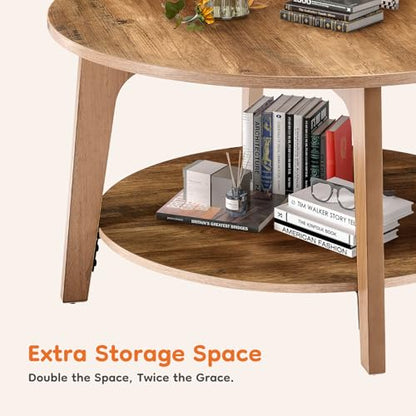 Round Coffee Table, 32'' Wood Coffee Tables for Living Room with Storage, 2-Tier Center Circle Counter with Wooded Desktop, 50 lbs Capacity, Anti-Slip Feet, Modern Farmhouse Design, Brown