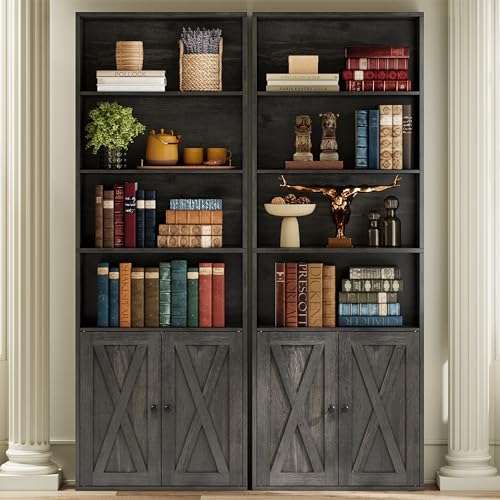 Tall Bookshelf 70 in, Bookcases with Doors, Set of 2, Charcoal Grey, view 3