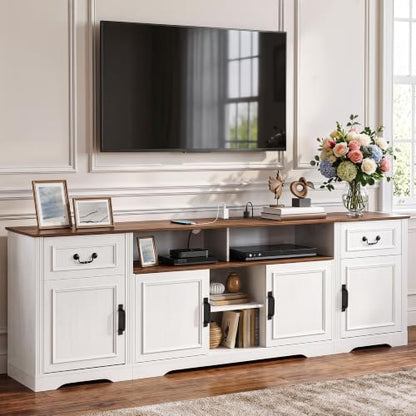 87" Farmhouse TV Stand with Power Outlet for 100" TV, White/Walnut, view 2