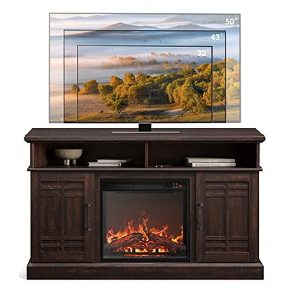 48" TV Stand with 18" Electric Fireplace Heater, Modern TV Stand for TVs up to 50", Entertainment Media Stand with Open Shelves and Storage Cabinets for Living Room, Bedroom (Espresso)