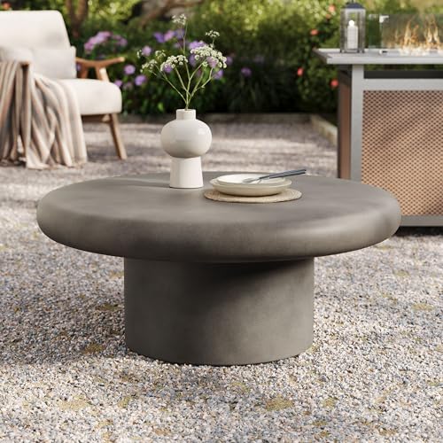 Argos Round Concrete Coffee Table in Gray - Cement Low Coffee Table for Sitting on The Floor - Weather Resistant Stone Patio Coffee Table - Indoor Outdoor 34 Inch Center Table