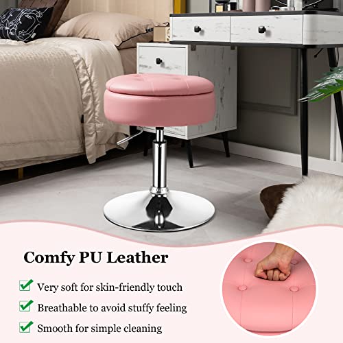 Adjustable Swivel Vanity Stool Set of 2, 360° Swivel 20"-26" Height Adjustable Tufted Round PU Leather Ottoman with Storage, Modern Accent Makeup Chair for Living Room Bedroom, Pink