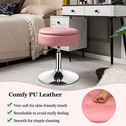 Adjustable Swivel Vanity Stool Set of 2, 360° Swivel 20"-26" Height Adjustable Tufted Round PU Leather Ottoman with Storage, Modern Accent Makeup Chair for Living Room Bedroom, Pink