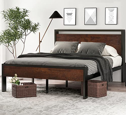 14 Inch Full Size Metal Platform Bed Frame with Wooden Headboard and Footboard, view 2