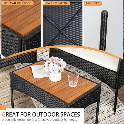 4-Piece Patio Furniture Set, Outdoor Wicker Patio Conversation Furniture Set with Cushions and Wooden Tabletop for Paito Lawn Backyard Pool Garden, Black Rattan
