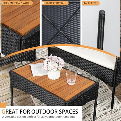 4-Piece Patio Furniture Set, Outdoor Wicker Patio Conversation Furniture Set with Cushions and Wooden Tabletop for Paito Lawn Backyard Pool Garden, Black Rattan