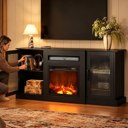 Fireplace TV Stand for 65 in TVs, Media Console with Storage, Black, view 4