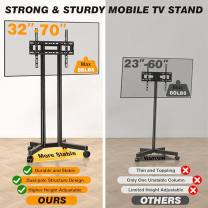 Dual-Pole Rolling TV Stand for 32-75 inch LCD LED Flat & Curved TVs, Height Adjustable Portable TV Stand with Lockable Wheels, Mobile TV Cart up to 88lbs for Bedroom, Living Room, Outdoor