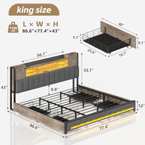 King Size Bed Frame and Bookcase Headboard & Storage Drawers, LED, view 3