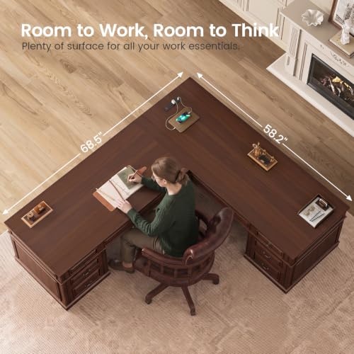 68.5" L Shaped Executive Desk with 6 Drawers & Charging Station, view 6