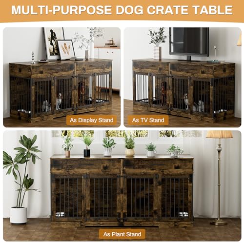 72" Double Dog Crate Furniture for Medium Large Dogs, Rustic Brown, view 7