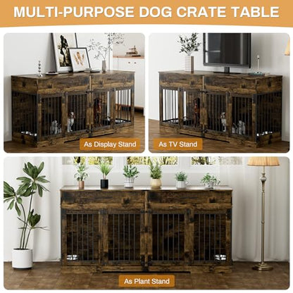 72" Double Dog Crate Furniture for Medium Large Dogs, Rustic Brown, view 7