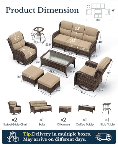 7-Piece Luxury Patio Furniture Set with 6" Thick Cushions, Weather-Resistant Wicker High Back Swivel Rocker Chairs, Senior-Friendly Outdoor Sofa Set for Large Deck, Yard and Poolside, Beige(V2)
