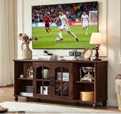 Farmhouse TV Stand for 60 Inch TV, Wood Entertainment Center with Adjustable Shelves & Glass Door Storage Cabinet,Television Stands for 65" TVS,TV Console Table for Living Room,Bedroom,Walnut
