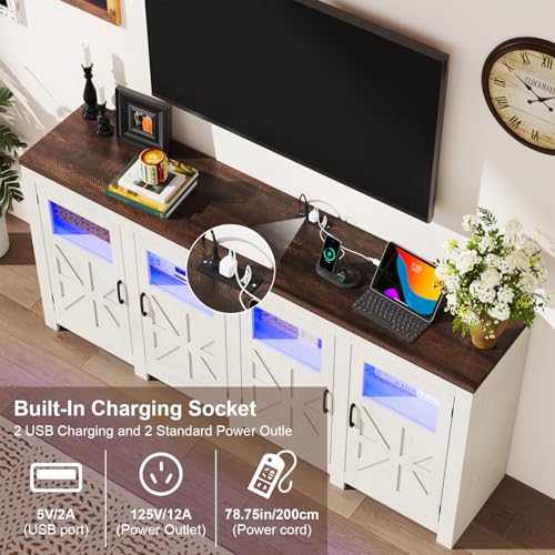 74" Large LED Farmhouse TV Stand for 80/75/70 Inch TVs with Power Outlets, view 5