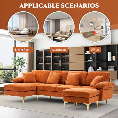 U-Shaped Sectional Sofa Couch, 4 Seat Sofa Set for Living Room, Convertible L-Shaped Velvet Couch Set with Chaise Lounge, Ottoman and Pillows,114 inches (Orange)