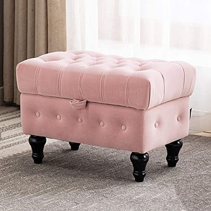 Storage Coffee Table Ottoman, Button Tufted Velvet Upholstery Footstool Bed Ottoman for Living Room, Home Office, Space-Saving Storage Toy Box Stool, Pink