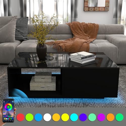43.3IN LED Black Coffee Tables for Living Room with 16 Colors LED Lights Modern Coffee Table with Storage Drawer Rectangle Center Table for Home Furniture