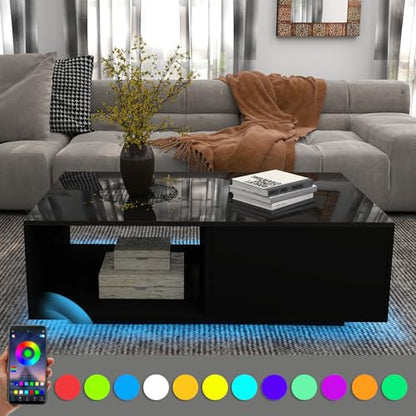 43.3IN LED Black Coffee Tables for Living Room with 16 Colors LED Lights Modern Coffee Table with Storage Drawer Rectangle Center Table for Home Furniture