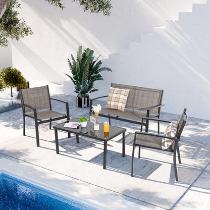 4 Pieces Patio Furniture Set All Weather Textile Fabric Outdoor Conversation Set, with Glass Coffee Table, Loveseat, 2 Single Chairs for Home, Garden, Lawn, Porch（Light Brown）
