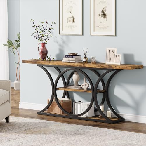 63 in Console Table for Entryway, 3-Tier Sofa Table, Brown/Black | Behind Couch Table with Metal Frame, Low Storage Shelves for Hallway, Living Room, Rustic Industrial Style