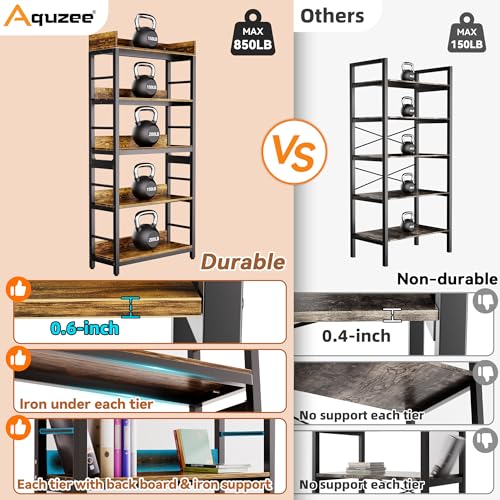 Bookshelf, 66" H 5-Tiers Heavy Duty Industrial Shelving Wood & Metal Bookcase, Rustic and Black Tall Shelf Units for Home, Office, Living Room