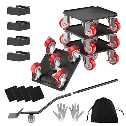 1500LBS Heavy Duty Furniture Dolly Movers Set with Lifter, 5-Wheel Carbon Steel Moving Rollers with Locking Casters for Refrigerator, Washer, Sofa & Cabinet(5.4 Inch, Red)