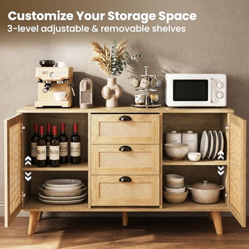 47.2-Inch Rattan Sideboard Buffet, 3 Drawers, 2 Doors, Natural, view 4
