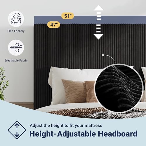 King Bed Frame, Corduroy Tufted Headboard, Black, view 7