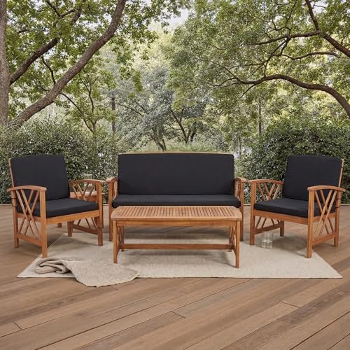 SAFAVIEH Outdoor Collection Fontana Natural/ Black Cushions 4-Piece Conversation Patio Set