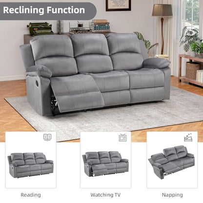 Manual Recliner Sofa Set, Microfiber Reclining Couch Furniture Set for Living Room, Includes 1 Recliner Chair, 1 Loveseat Sofa and 1 3-Seater Reclining Couch, Grey