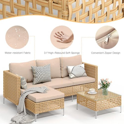 Small Outdoor Patio Furniture Set L-Shaped - Weather Resistant Wicker Sectional Chaise Sofa with Thick Cushions & Tempered Glass Coffee Table for Small Spaces, Balcony, Apartment