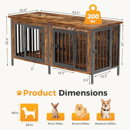 NEWBULIG 54" Double Dog Crate Furniture for 2 Dogs - Rustic Brown, view 7