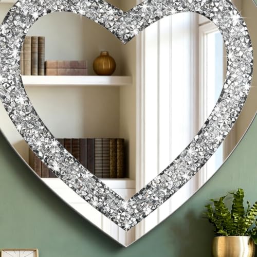 Crystal Crush Diamond Heart Shaped Silver Mirror for Wall Decoration 24x24x1 inch Wall Hang Frameless Mirror Acrylic Diamond Décor.