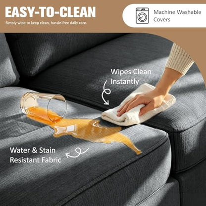 3-Seat Reversible Sectional Sofa with Convertible Ottoman, Modern Ribbed Fabric L-Shaped Couch for Living Room, Small Apartment & Office, Easy Tool-Free Assembly, Grey