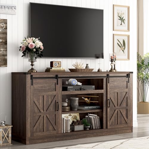 66" Farmhouse TV Stand for 75 Inch TV, 33" Tall Entertainment Center with Power Outlets & Sliding Barn Door, Wood TV Stands with Storage, TV Media Console for Living Room, Brown