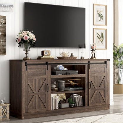 66" Farmhouse TV Stand for 75 Inch TV, 33" Tall Entertainment Center with Power Outlets & Sliding Barn Door, Wood TV Stands with Storage, TV Media Console for Living Room, Brown