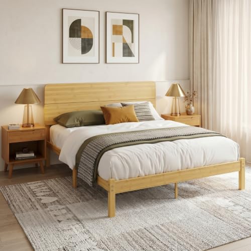 14" Solid Bamboo Wood Queen Bed Frame with Headboard, Natural, view 2