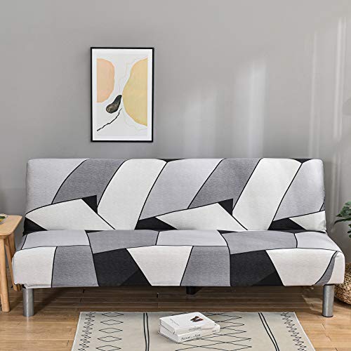 Armless Sofa Cover Futon Slipcover Stretch Elastic Folding Sofa Bed Non-Armrest Couch Furniture Protector Spandex Printed Washable Sofa Cover Without Armrests (Grey White Black)