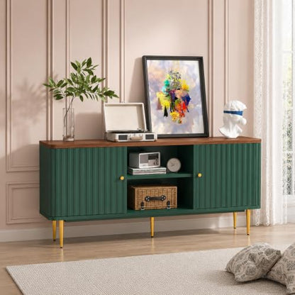 55” Fluted TV Stand, Mid Century Modern Green TV Stand for 55/60/65 inch TV, Entertainment Center with Storage, Television Stands, TV Console, Media Console for Living Room, Bedroom (Green)