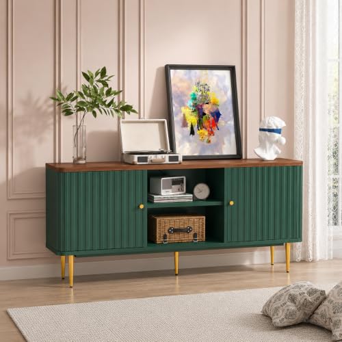 55” Fluted TV Stand, Mid Century Modern Green TV Stand for 55/60/65 inch TV, Entertainment Center with Storage, Television Stands, TV Console, Media Console for Living Room, Bedroom (Green)