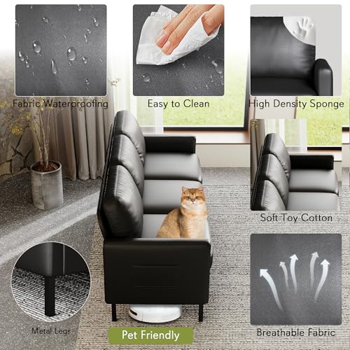 72" W Faux Leather Black Sofa 3 Seat Couch, Modern Comfy Couch with 2 USB, Small Couches for Living Room Apartment Bedroom Small Spaces, Office(Black)
